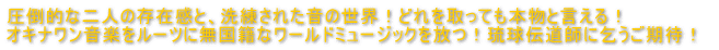 圧倒的な二人の存在感と、洗練された音楽!どれを取っても本物と言える! オキナワン音楽をルーツに無国籍なワールドミュージックを放つ!音楽伝道師
